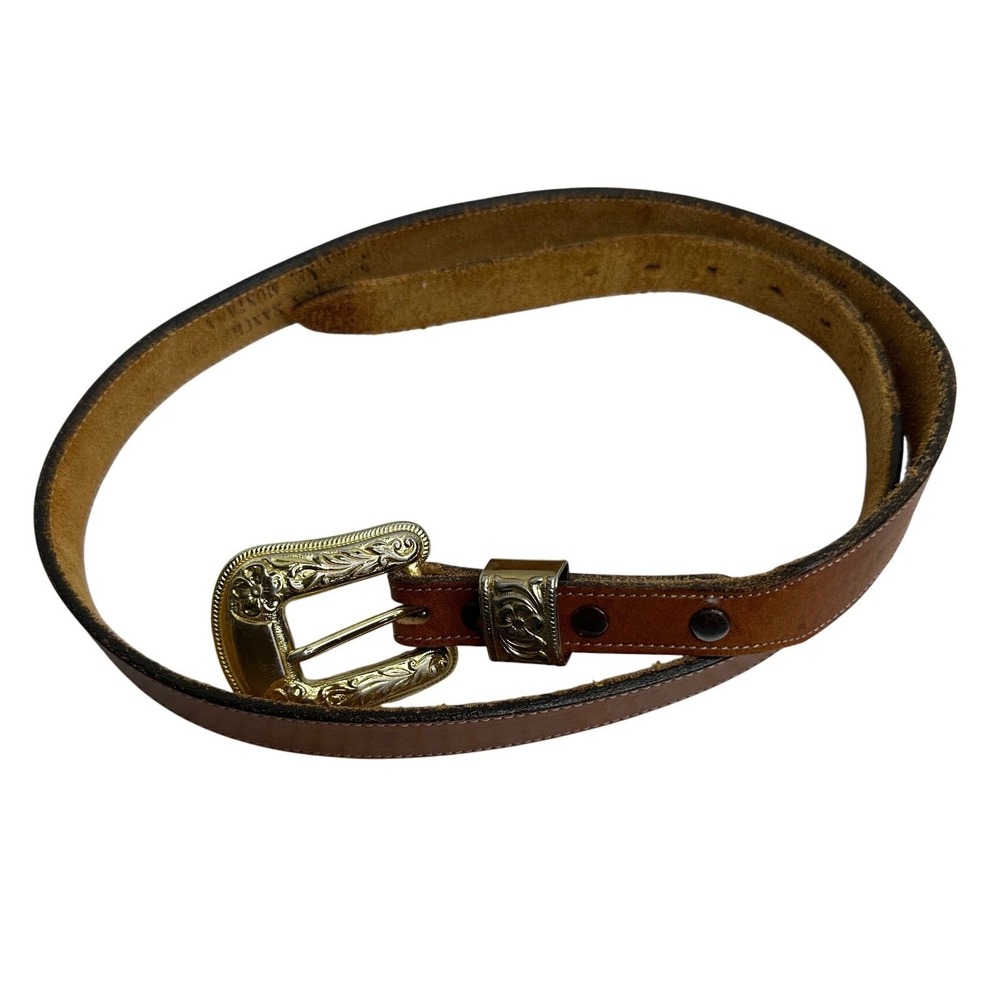 Tony Lama Leather Belt Sz‎ 34 Brown Gold Buckle Made In USA brass Buckle Western